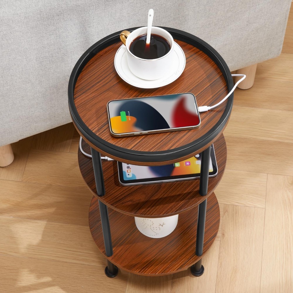 Round Side Table W/ Charging Station Small Spaces 3-Tier Accent Table Durable