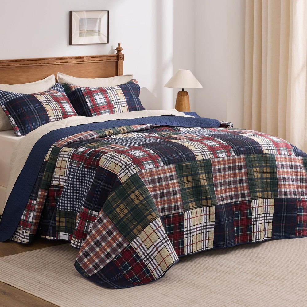 PPOLCA Patchwork Queen Quilt Bedding Set, Plaid Lightweight Queen, Dark Blue