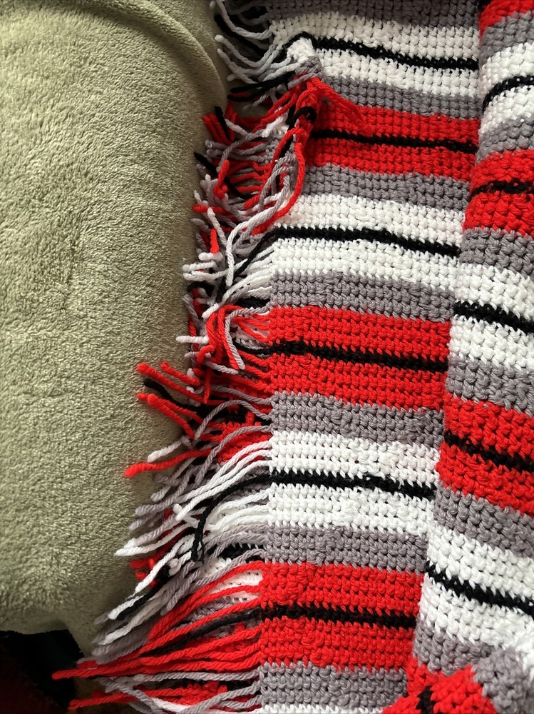 Handmade Crocheted Afghan Large Red Black Gray & White Blanket 48” X 66” EUC