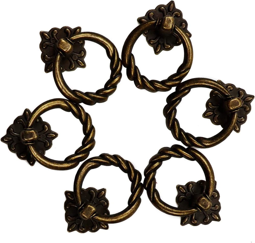 6pcs Vintage Bronze Drop Ring Knobs Pulls Handles for Dresser Drawer Antique