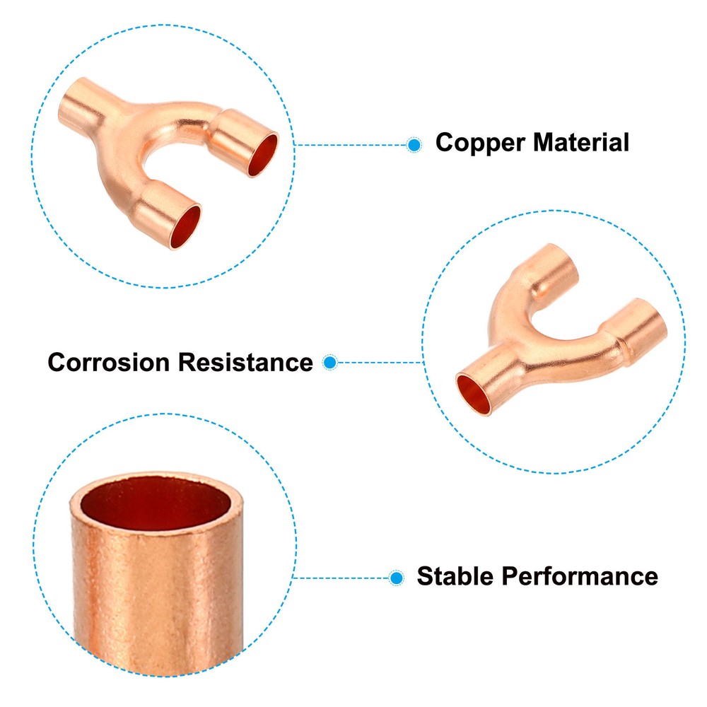 1/4" ID Tee Y Type Copper Fitting, 5 Pcs Pipe Fitting Welding Connection