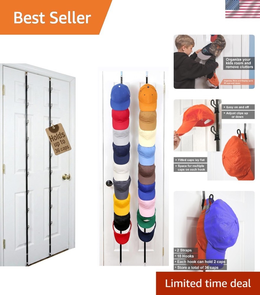 Innovative Adjustable Hat Rack for 36 Caps - Effortless Installation in Black