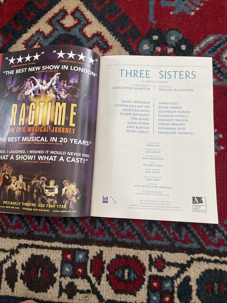 Original Programme Ticket Three Sisters Christopher Hampton Michael Blakemore FH