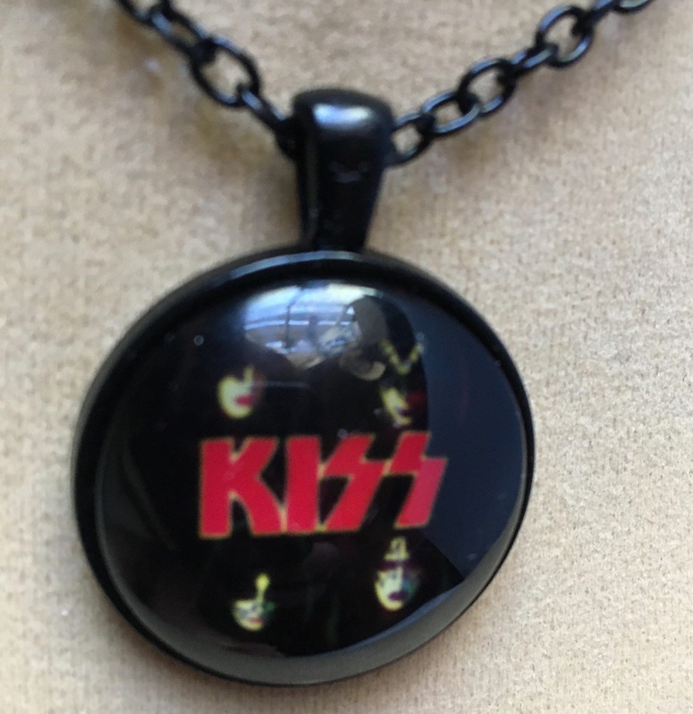 KISS ROCK Band in a Glass Pendant Necklace - 18" Black Chain