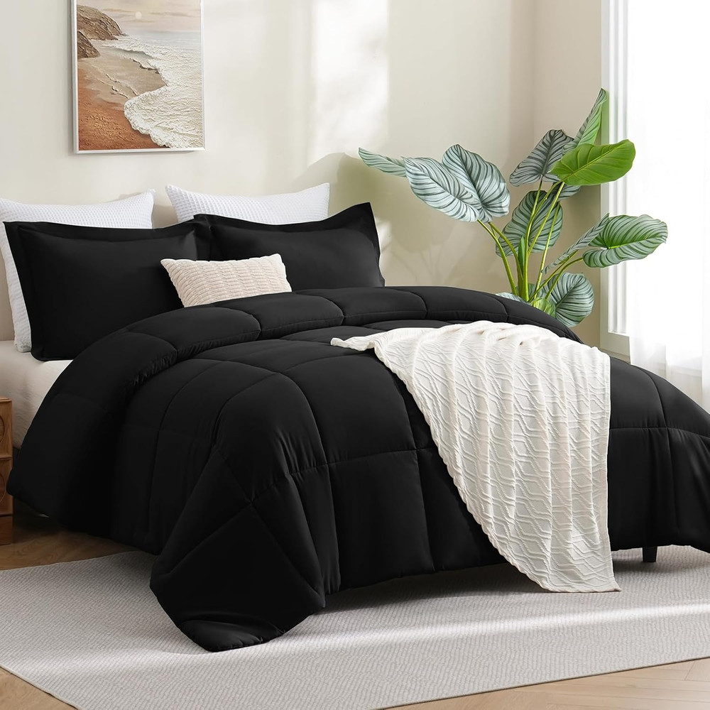 Full Size Comforter Sets - Black Comforter Full Size, 3 Pieces Box Stitched Bed