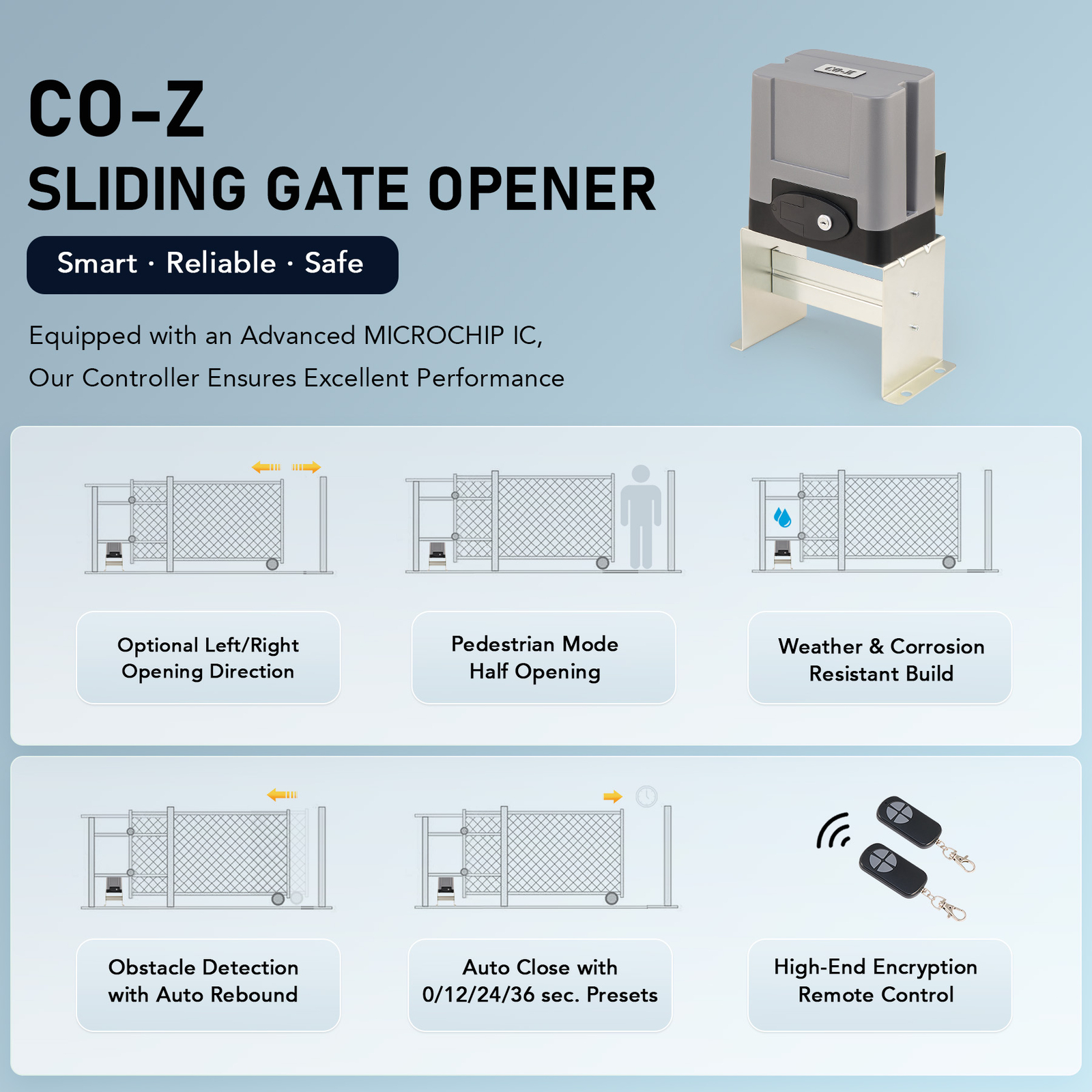 CO-Z 1400lb Sliding Gate Opener Security System Kit - APP & Keypad & 4 Remotes