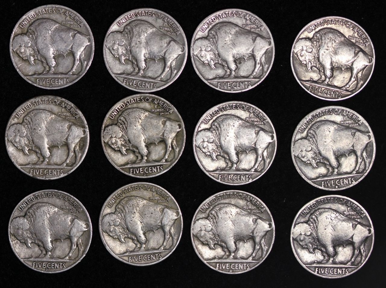 Short Set! ALL 12 Sharp Coins 1934 - 1938 P D S BUFFALO NICKELS 5c FREE SHIPPING