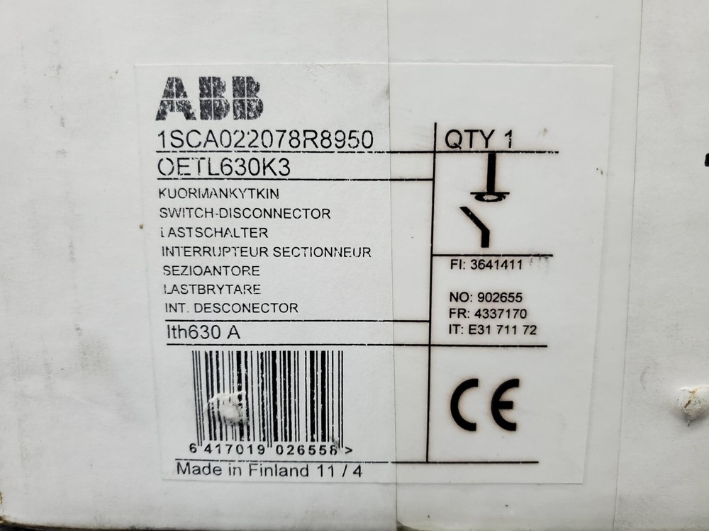 New ABB Switch Disconnect, 630A, Load Break, 3 Pole