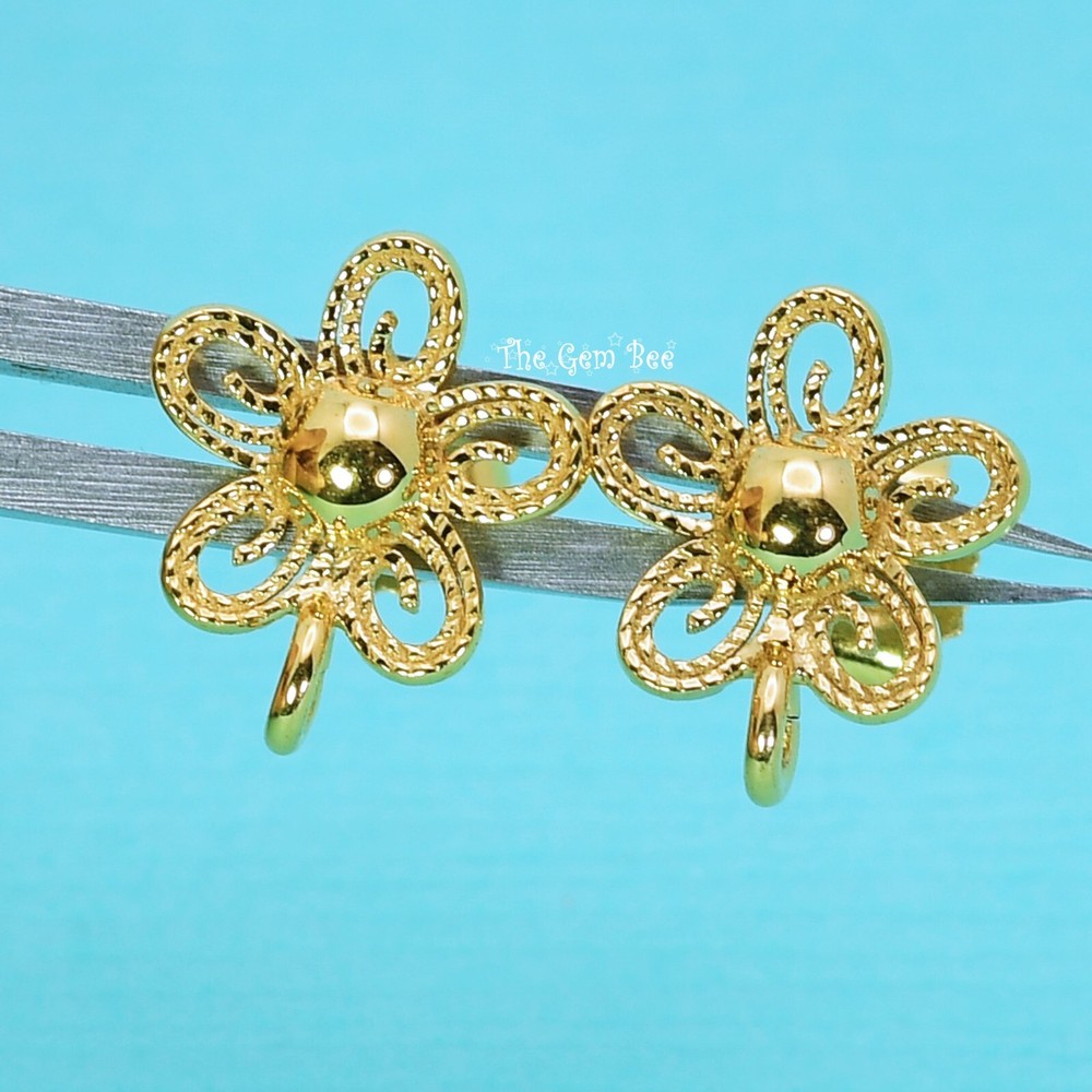 18k Solid Yellow Gold Filigree Fancy Flower Ear Posts With Backs PAIR