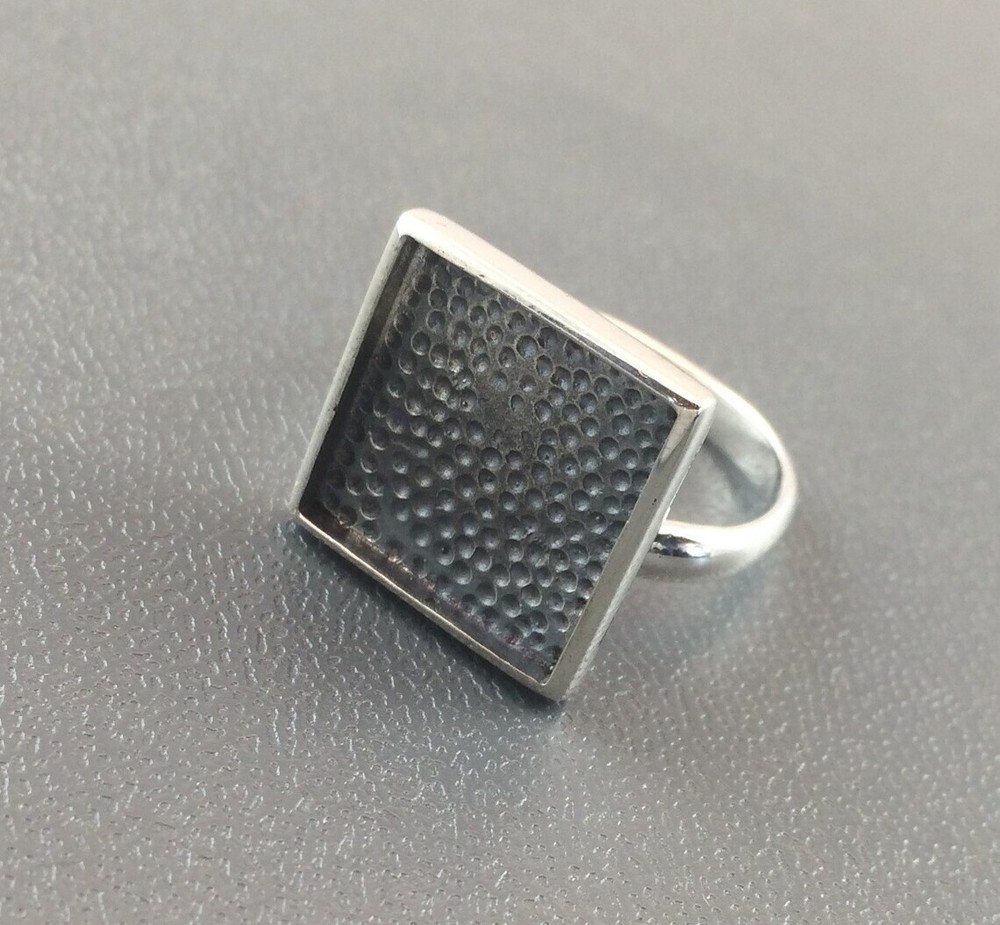 Sterling Silver Ring Blank 15mm Square Bezel Cabochon Setting Adjustable Finding