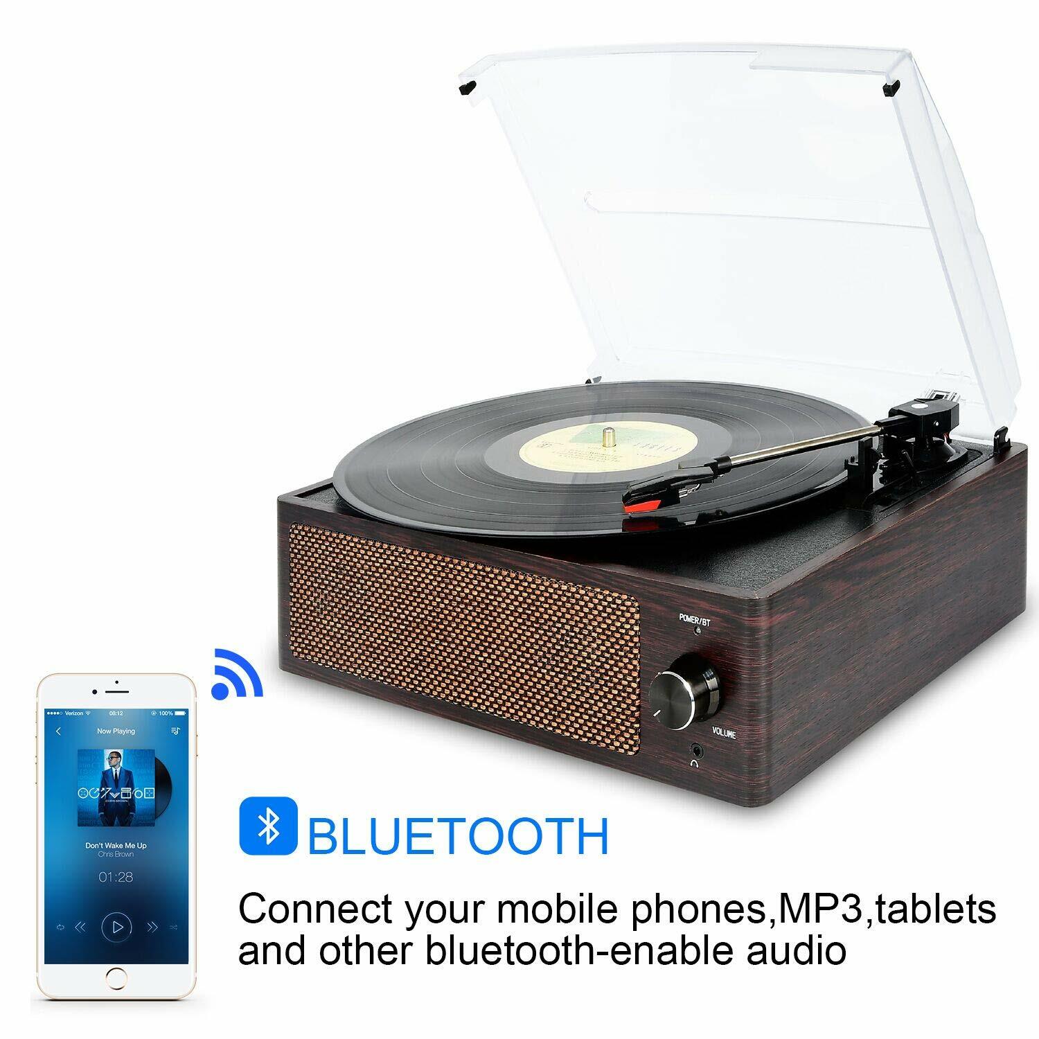 Bluetooth Vintage Vinyl Record Player Belt-Driven 3-Speed Turntable Aux Input