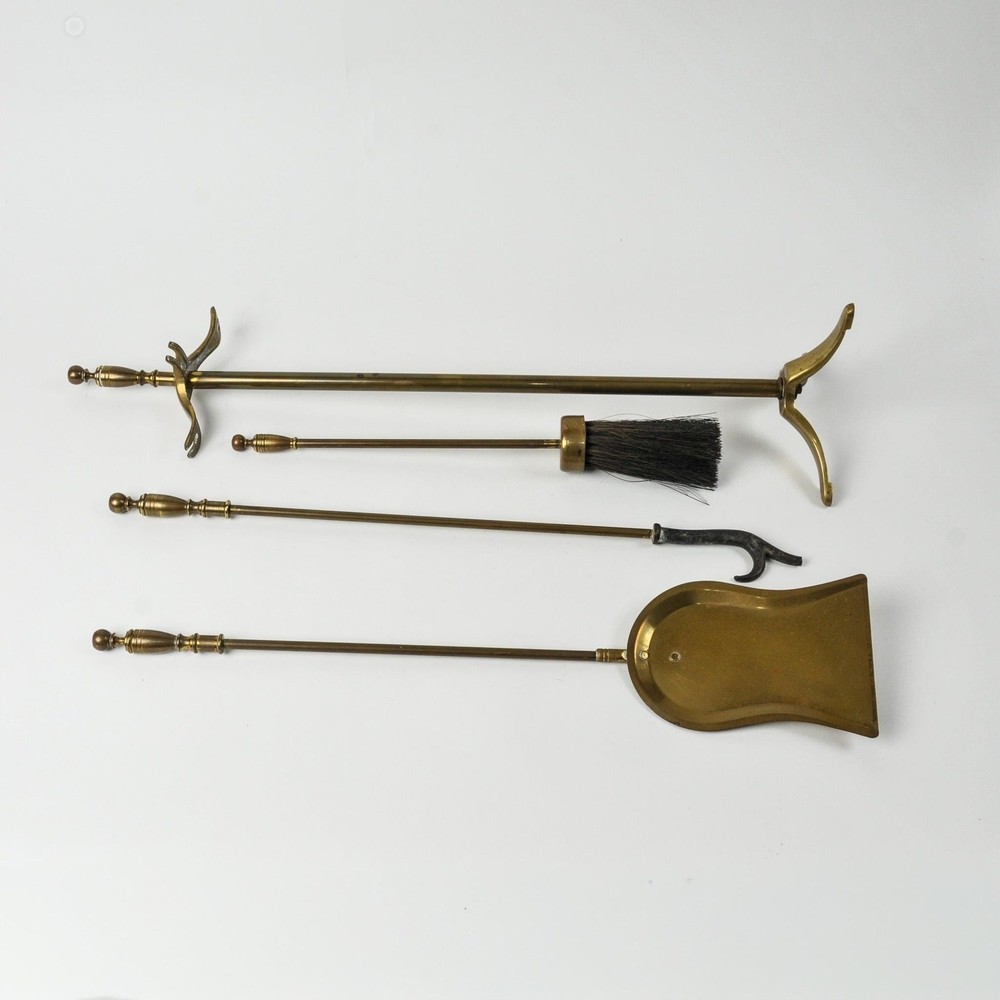 Vintage Solid Brass Fireplace Tool Set Small Four Piece Hearth Set