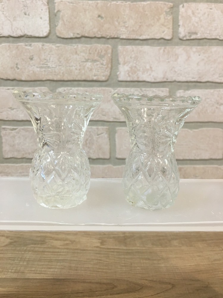 Vintage 2 Pineapple Shaped Diamond Pattern Clear Glass Toothpick Holder