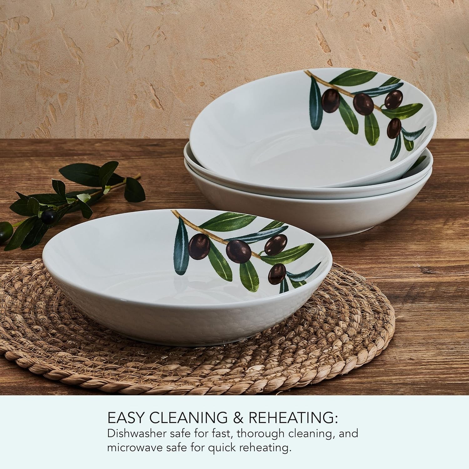 Olive Set of 4 Pasta Bowls, 8 Inch, 20 Ounce, White