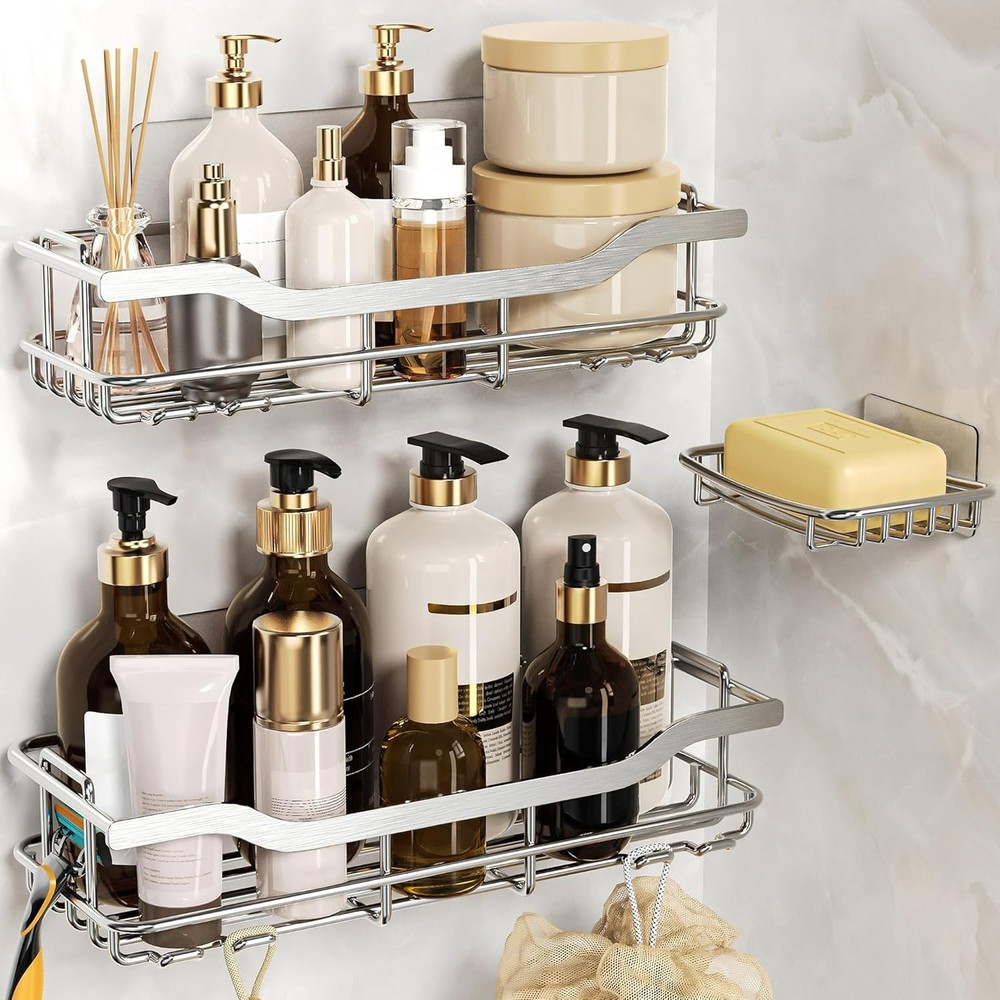 3-Pack Shower Caddy with Soap Holder, Adhesive Rustproof No-drill Strudy Load...