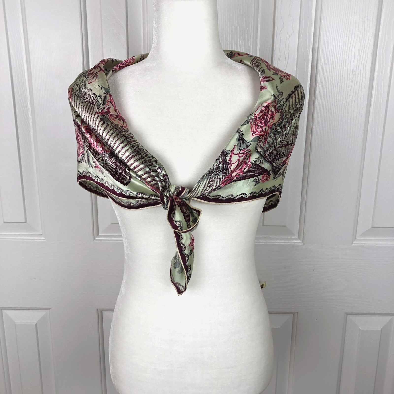 Vintage Silk Scarf Fans Flowers Satin Hand Rolled Green Pink Roses Square 33"