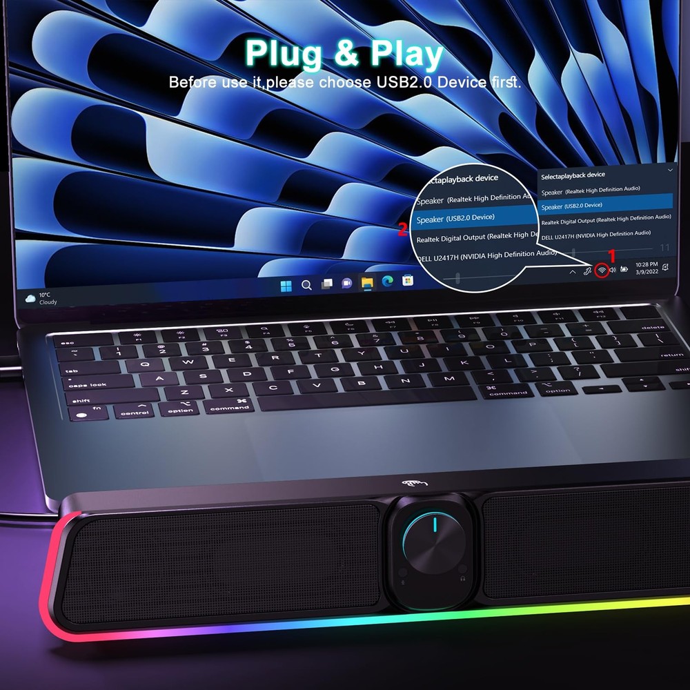Computer Speakers - Wired USB Powered Bluetooth Computer Sound Bar with RGB &...