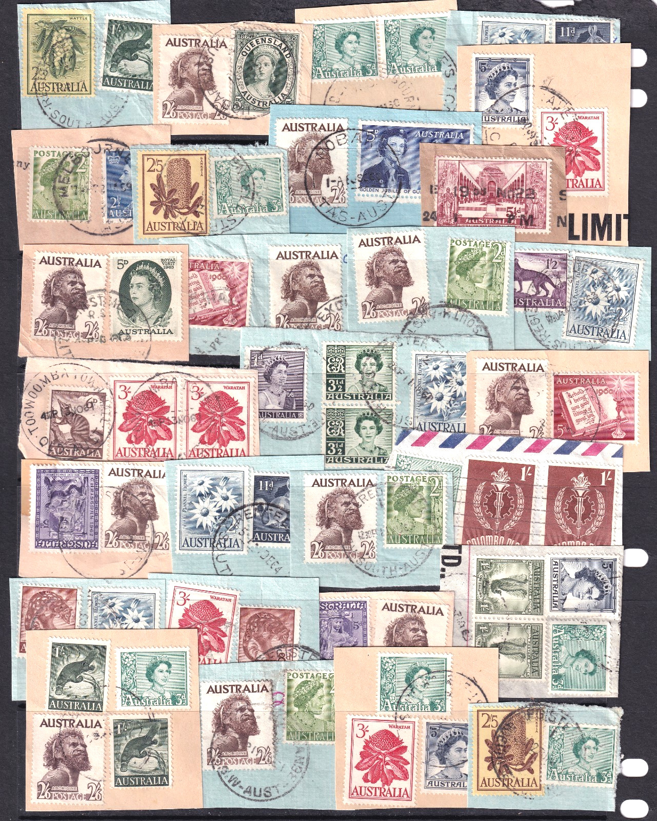 Australia 1950-60s fine used stamps on piece, many with 2/6 aborigine