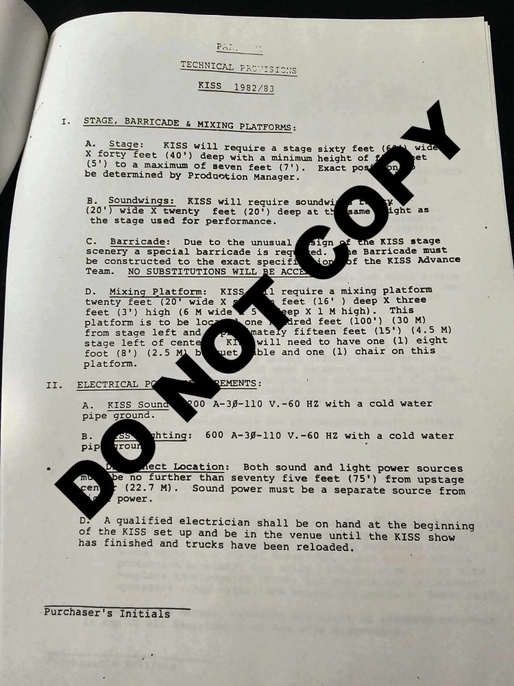 KISS Contract Rider 1982/83 PHOTOCOPY