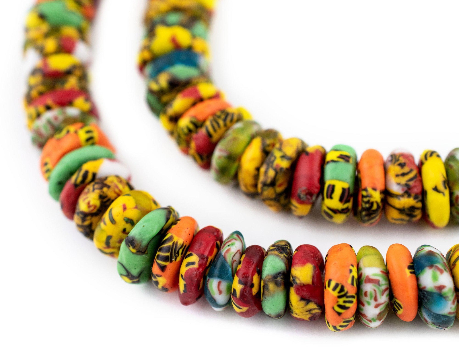 Sunyani Medley Fused Rondelle Recycled Glass Beads 11mm Ghana African Multicolor