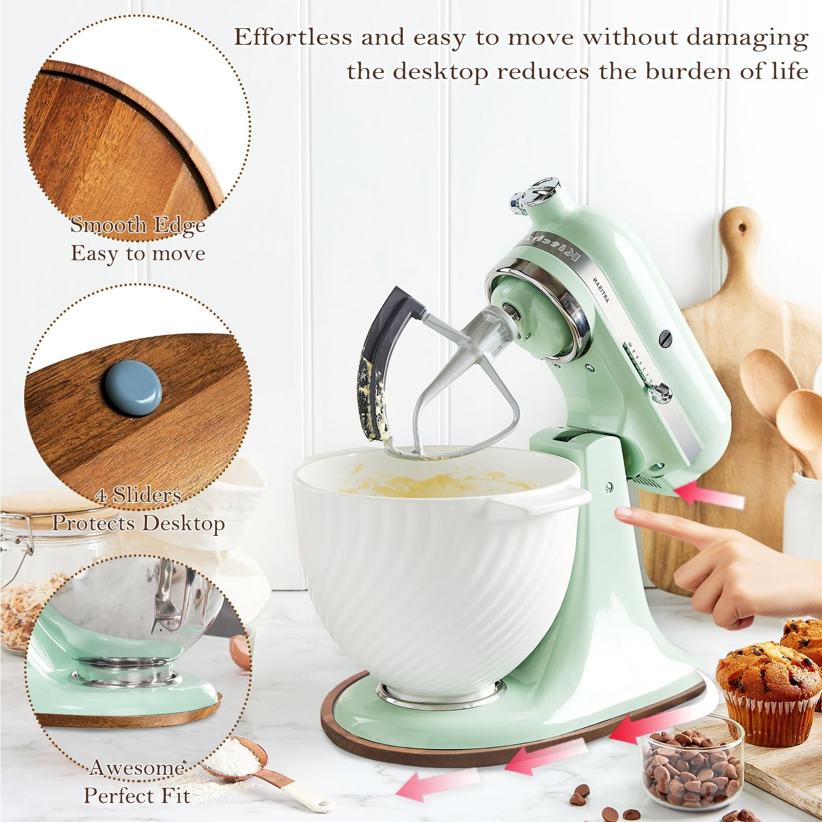 Acacia Wood Mixer Slider Mat for KitchenAid 4.5-5 Qt Tilt-Head Stand,