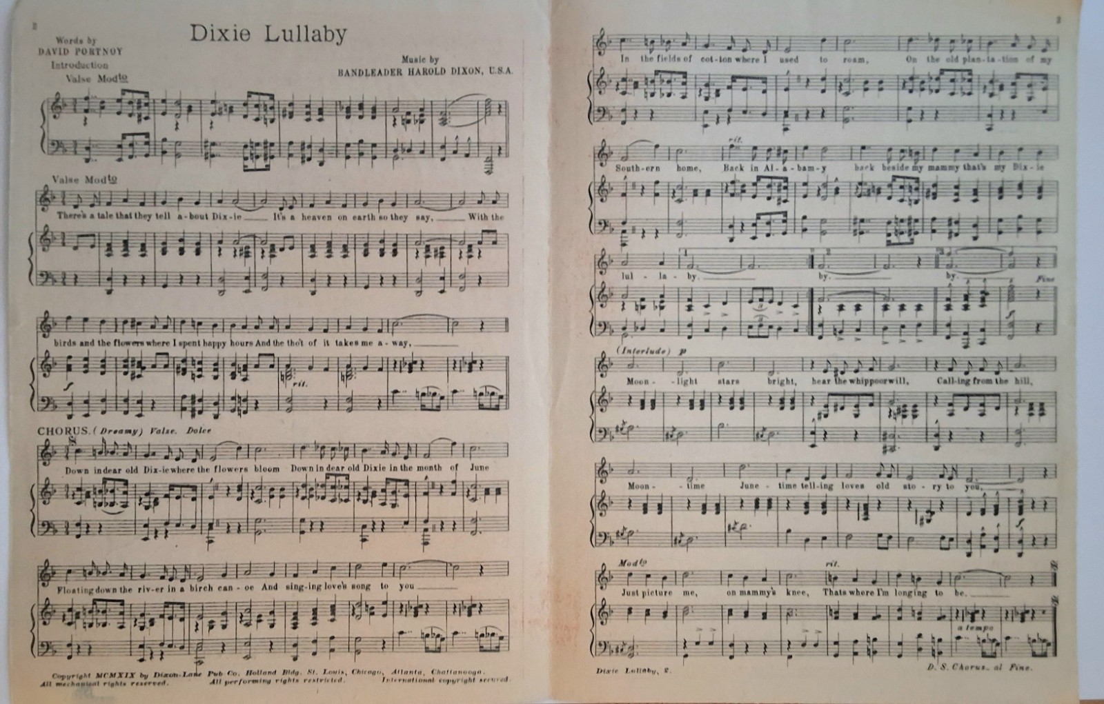 Antique Music Sheet Song Booklet - Dixie Lullaby - David Portnoy - Harold Dixon