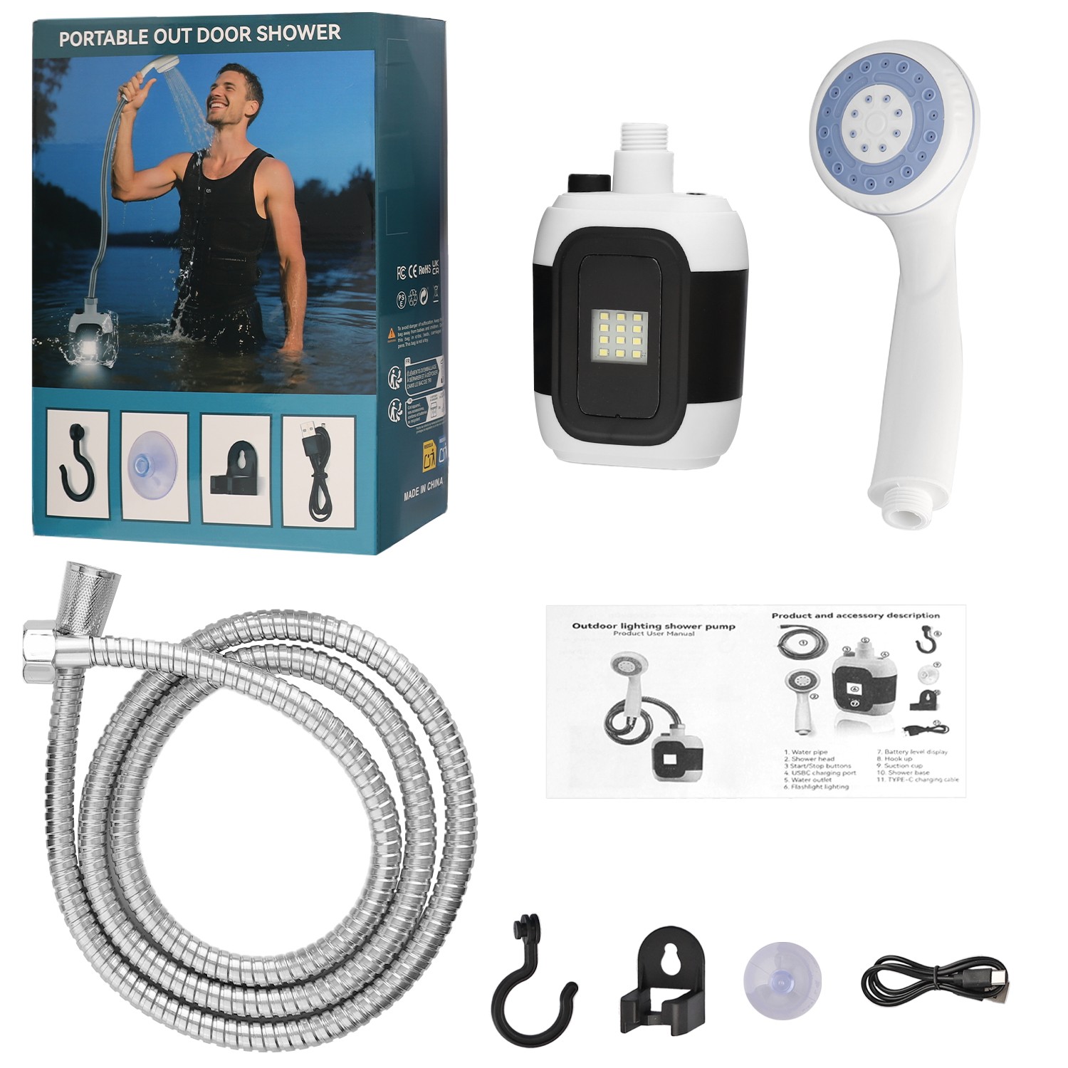 Portable Camping Shower Rechargeable Outdoor Camp Pump for Hiking Travel