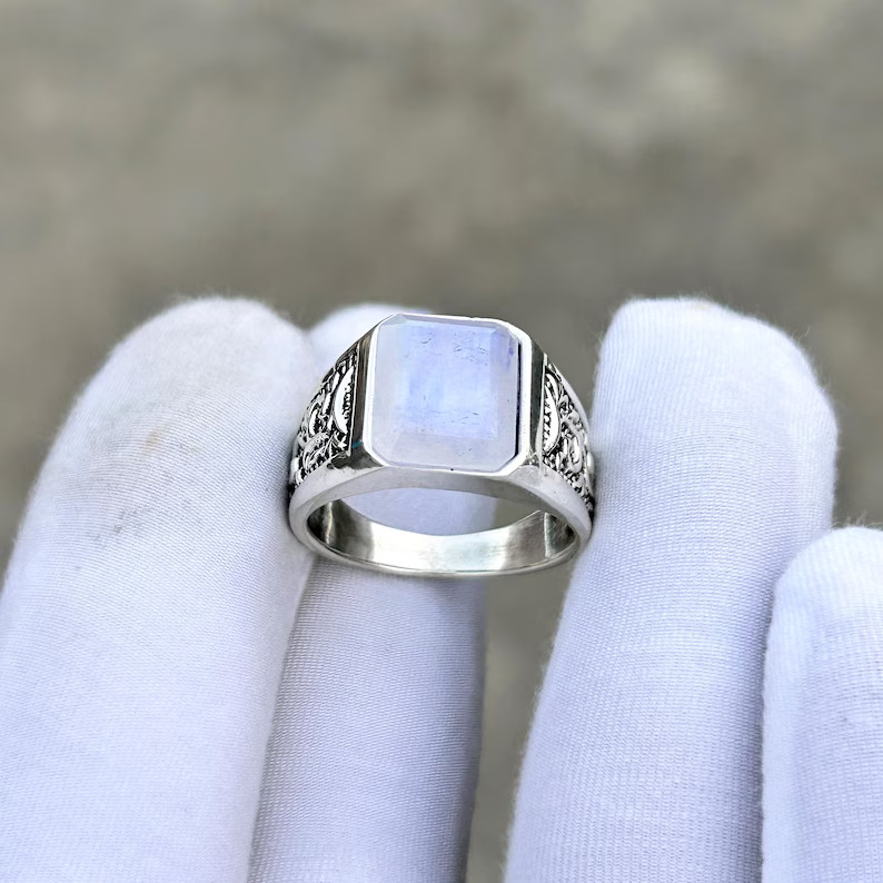 Rainbow Moonstone Ring Mens Solid 925 Silver Handmade Statement Ring