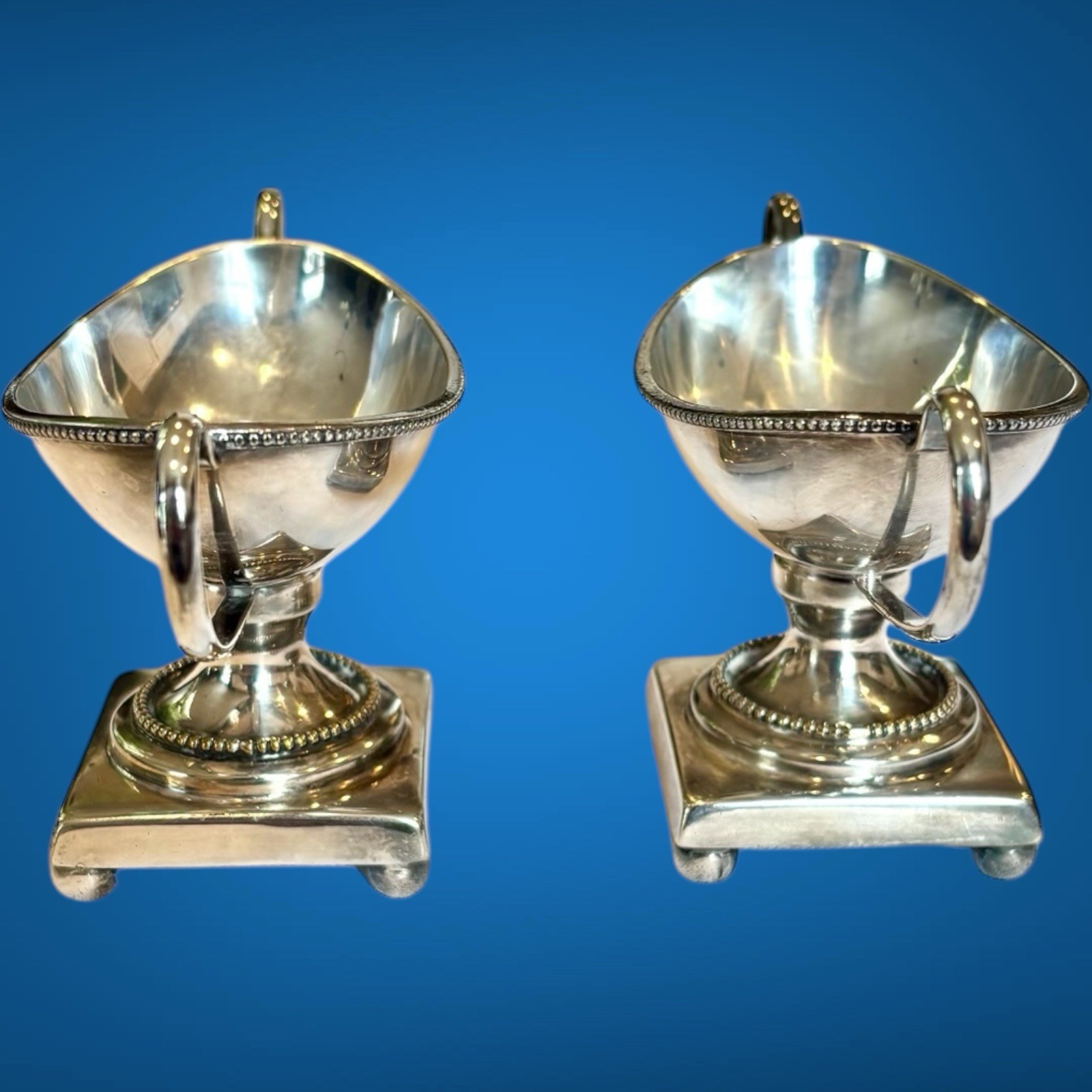 Vintage Antique Pair of Silver Plated Pedestal Salt Cellars With Handles