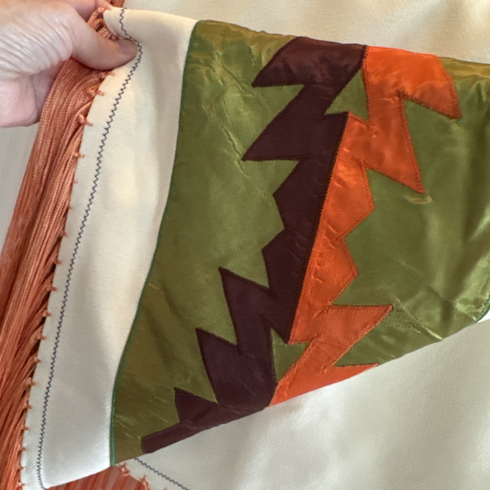 Native American Dance Shawl Knotted Fringe Orange,Brown,Green Ribbon 60x61