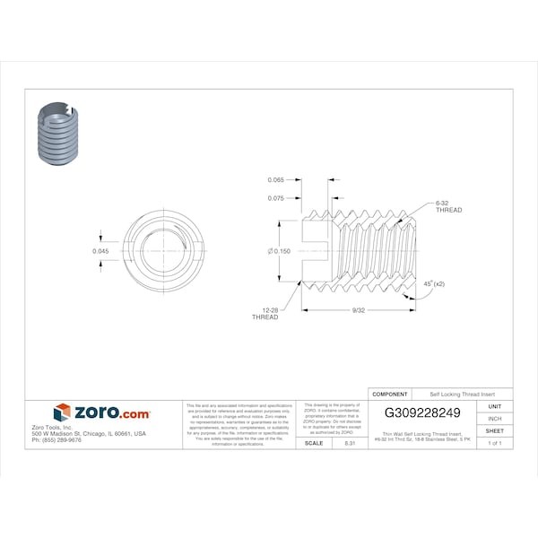 Thin Wall Self Locking Thread Insert, No. 6-32 Int Thrd Sz, 18-8 Stainless