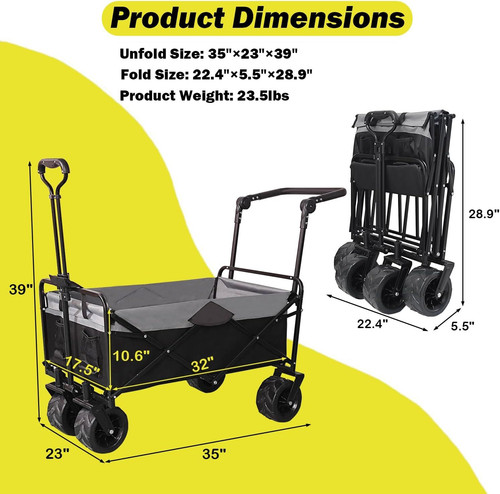Collapsible Folding Wagon with Extra Push Pull Handle, Heavy Duty Black