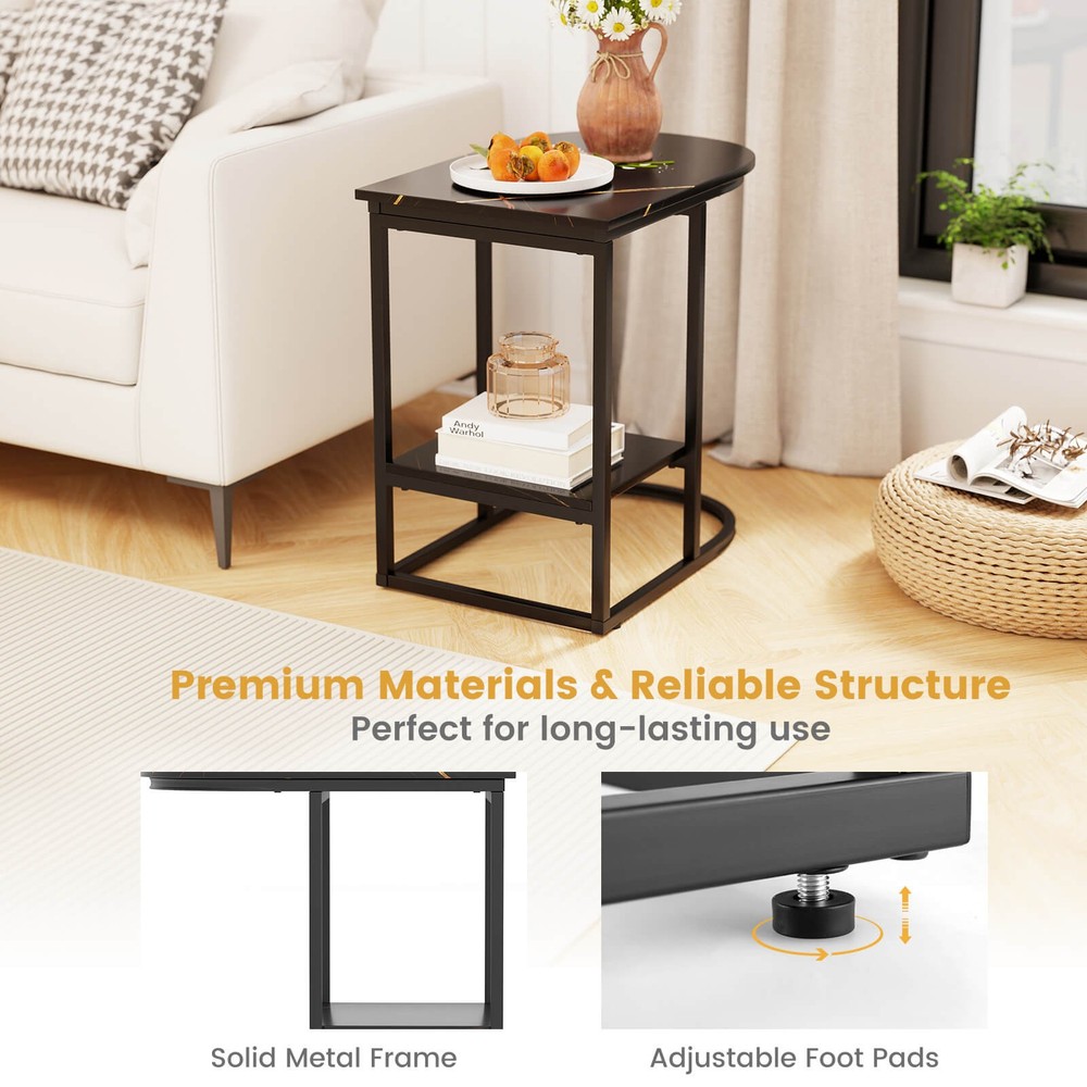 2PCS C-Shaped Side Table Compact 2-tier Storage End Table for Small Space Black
