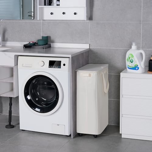 Slim Laundry Hamper with Lid and Wheels, Small Rolling Laundry 75L Beige
