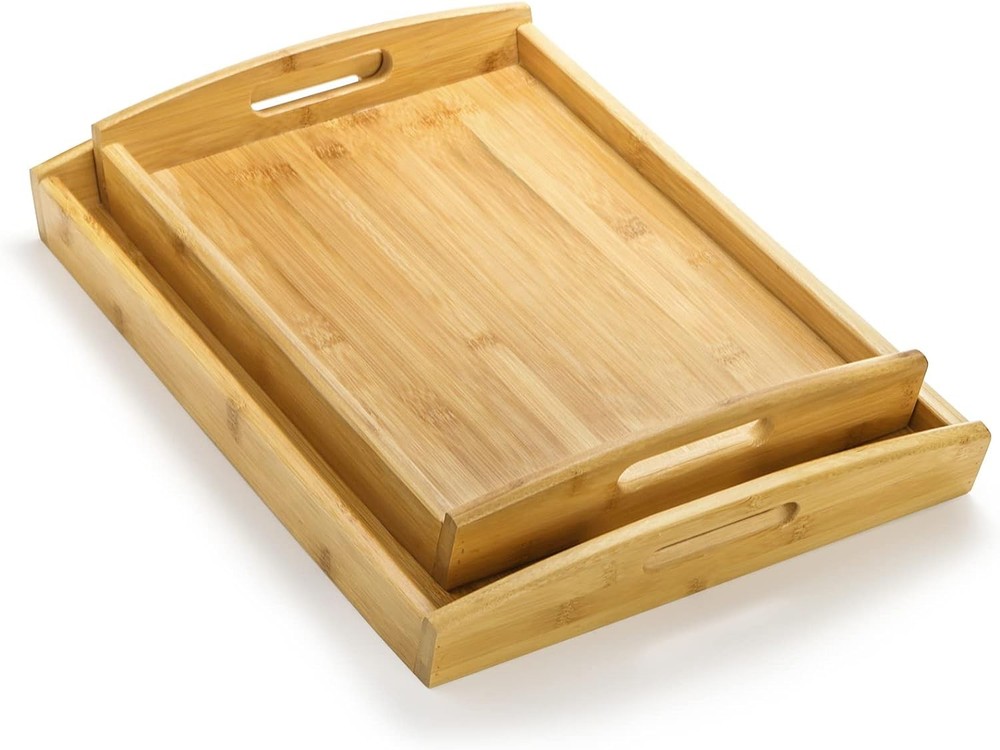 Peohud 4 Pack Bamboo Serving Trays with Handles, Rectangular Kitchen