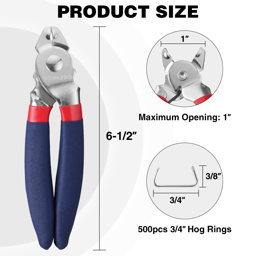 WORKPRO Bent Hog Ring Pliers with 500 Pcs 3/4" Hog Rings Auto Upholstery NEW