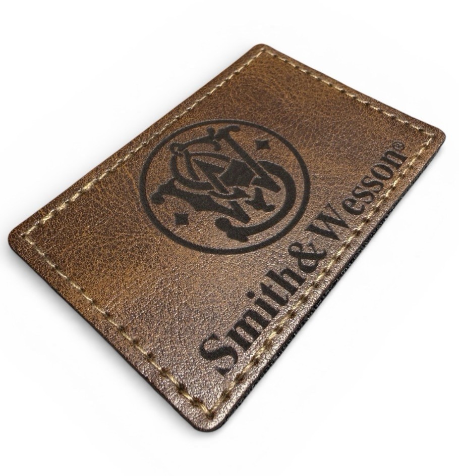 Smith & Wesson Patch - Square - Brown Leather - Hat/Bag Patch Hook & Loop