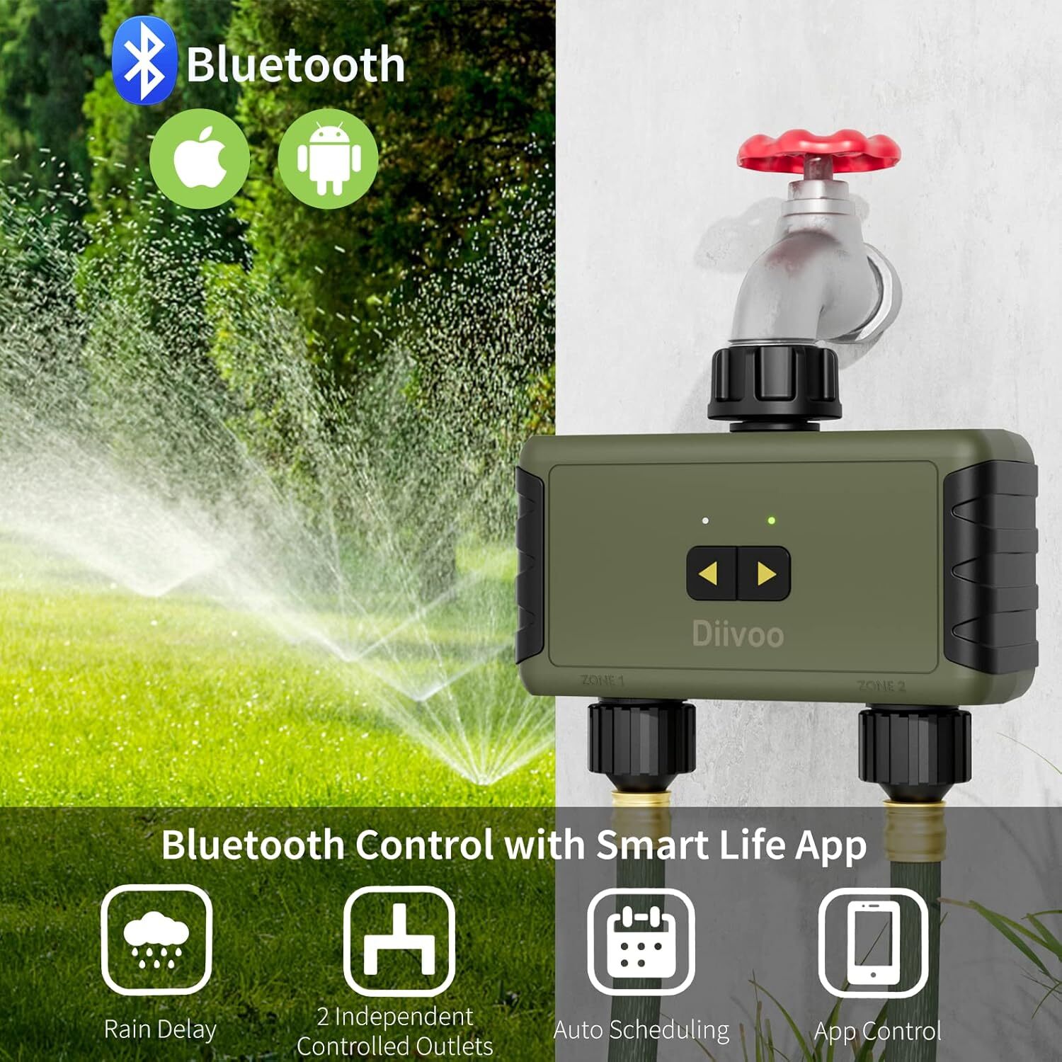 Smart Sprinkler Timer Bluetooth Water Timer lawn sprinkler 2 Outlet for Garden