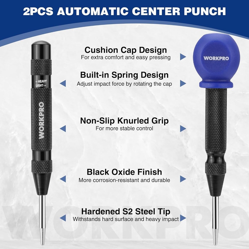 WORKPRO 2PCS Automatic Center Punch with an Extra Replacement Tip,...