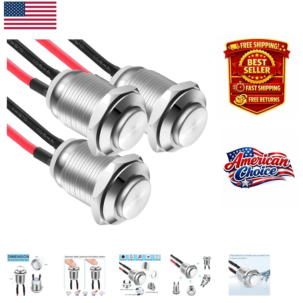 3 Pcs Latching Waterproof Push Button Switch, 12mm &  Self-Locking Switches