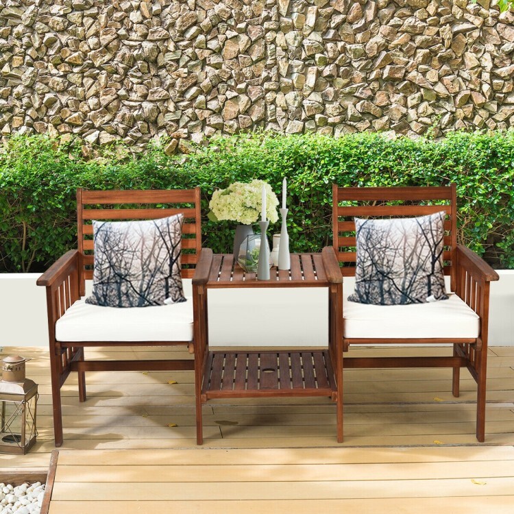 3PCS Outdoor Patio Cushion Furniture Acacia Wood Chair Coffee Table Set Backyard