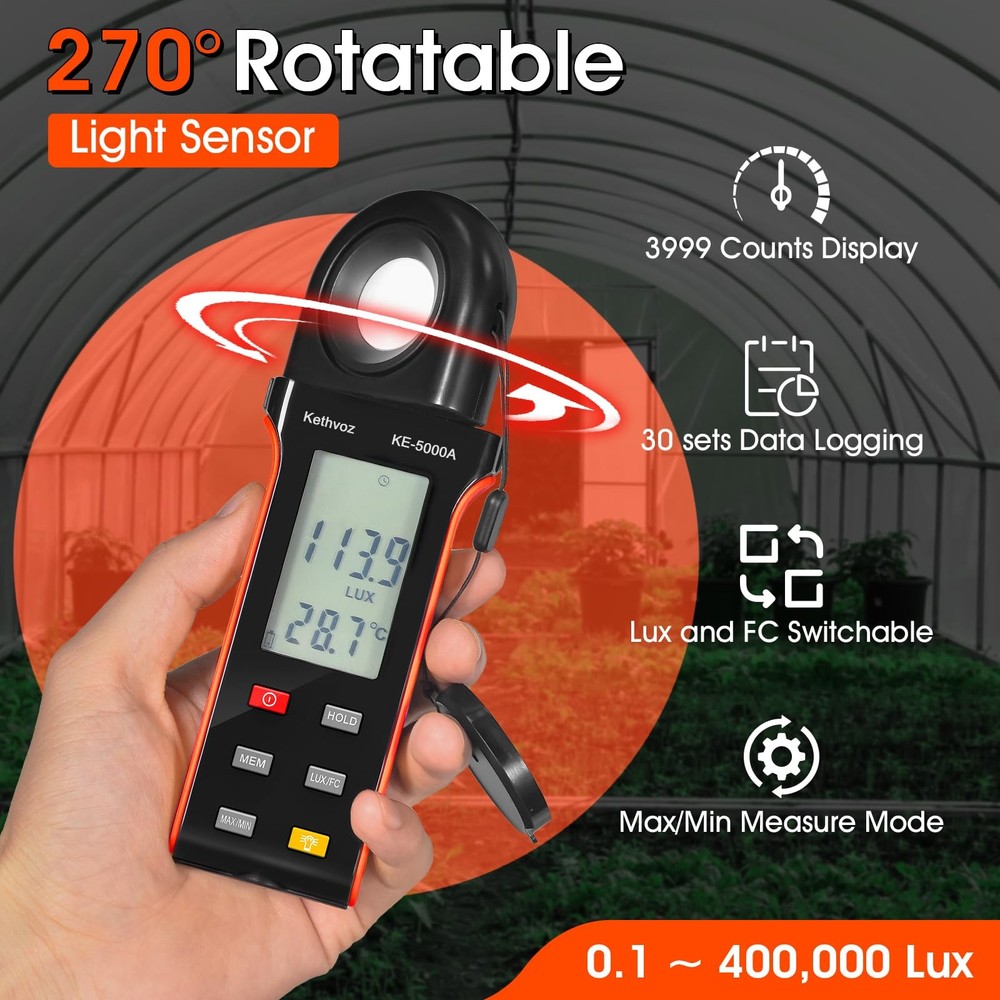 1 Pack Digital Light Meter, 400,000 Lux, 270 Rotating Sensor, Data Logging