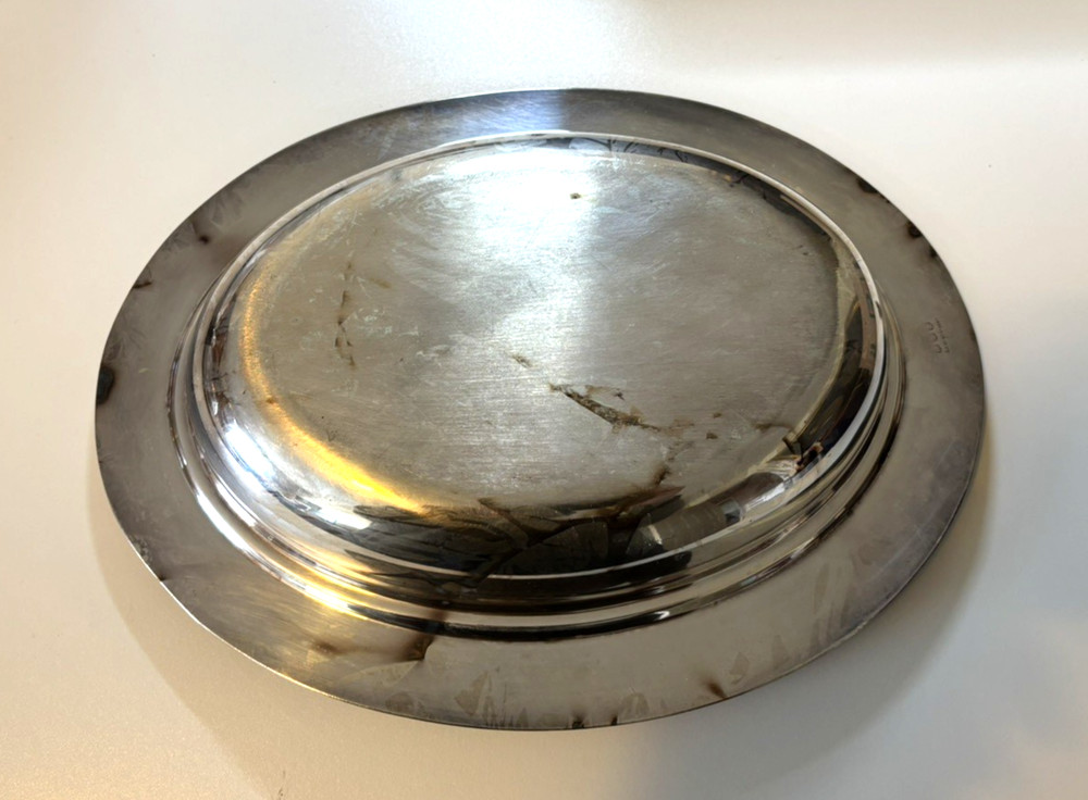 VTG Silver on Copper Serving Dish 12" Hallmarks Rope/Scroll Edge Heavy