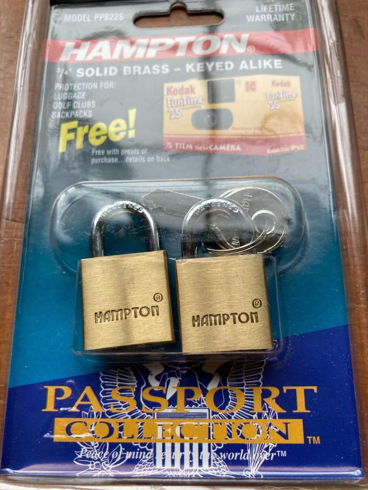 Hampton 1995 Passport Collection 3/4" SOLID BRASS Padlock 2 Keys 2 Locks NEW