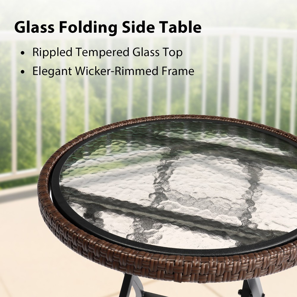Outdoor Side Table, Round Rattan Patio Side Table, Small Foldable Wicker Table