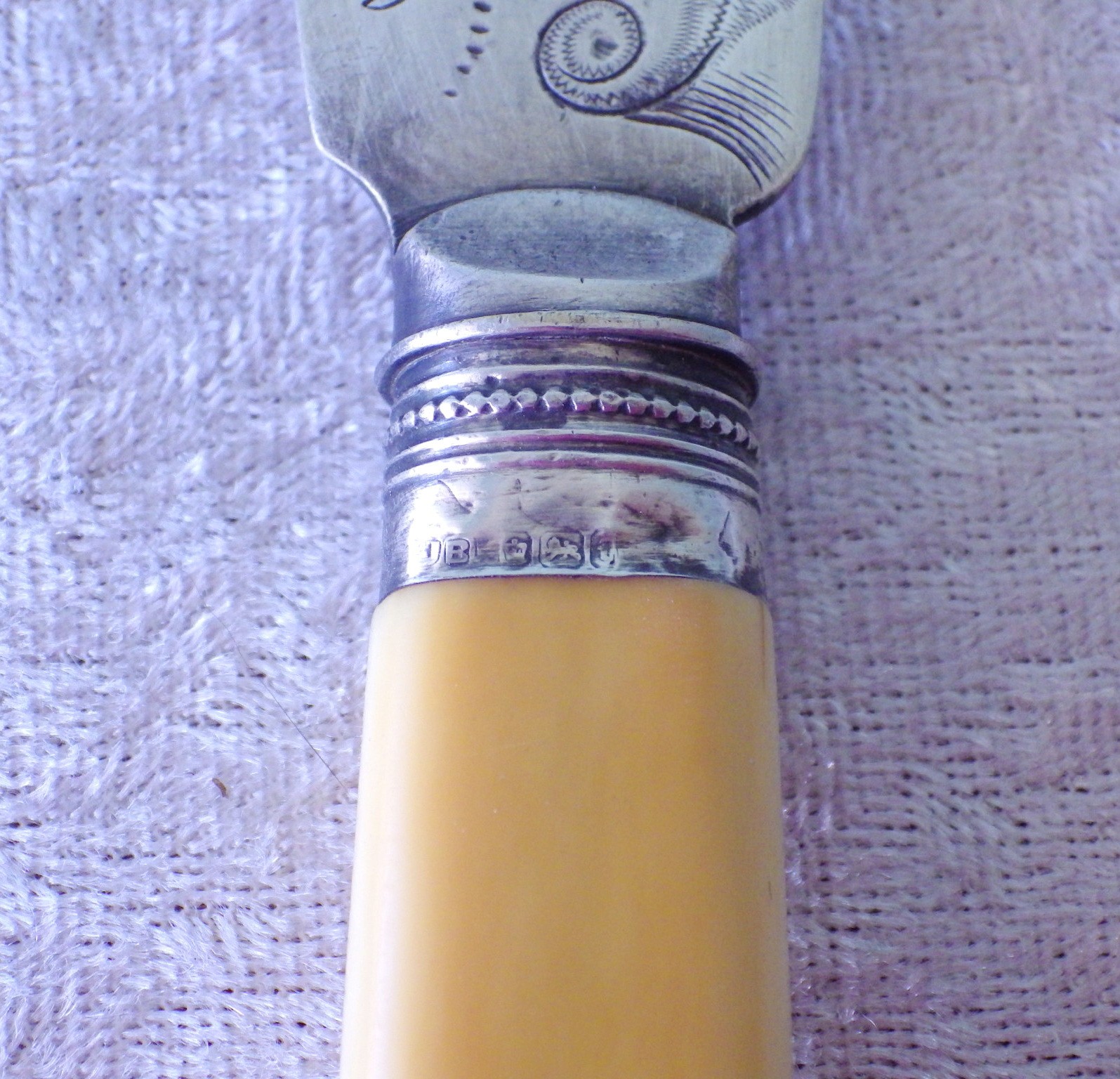 Antique JB James Beebe fish serving fork & knife sterling band silverplate blade