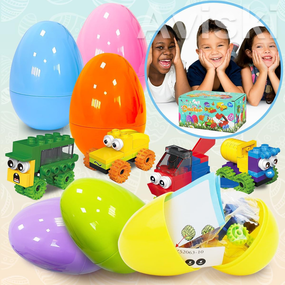 12 Pack Easter Plastic Eggs with Car Building Blocks for Easter Theme Party Favo