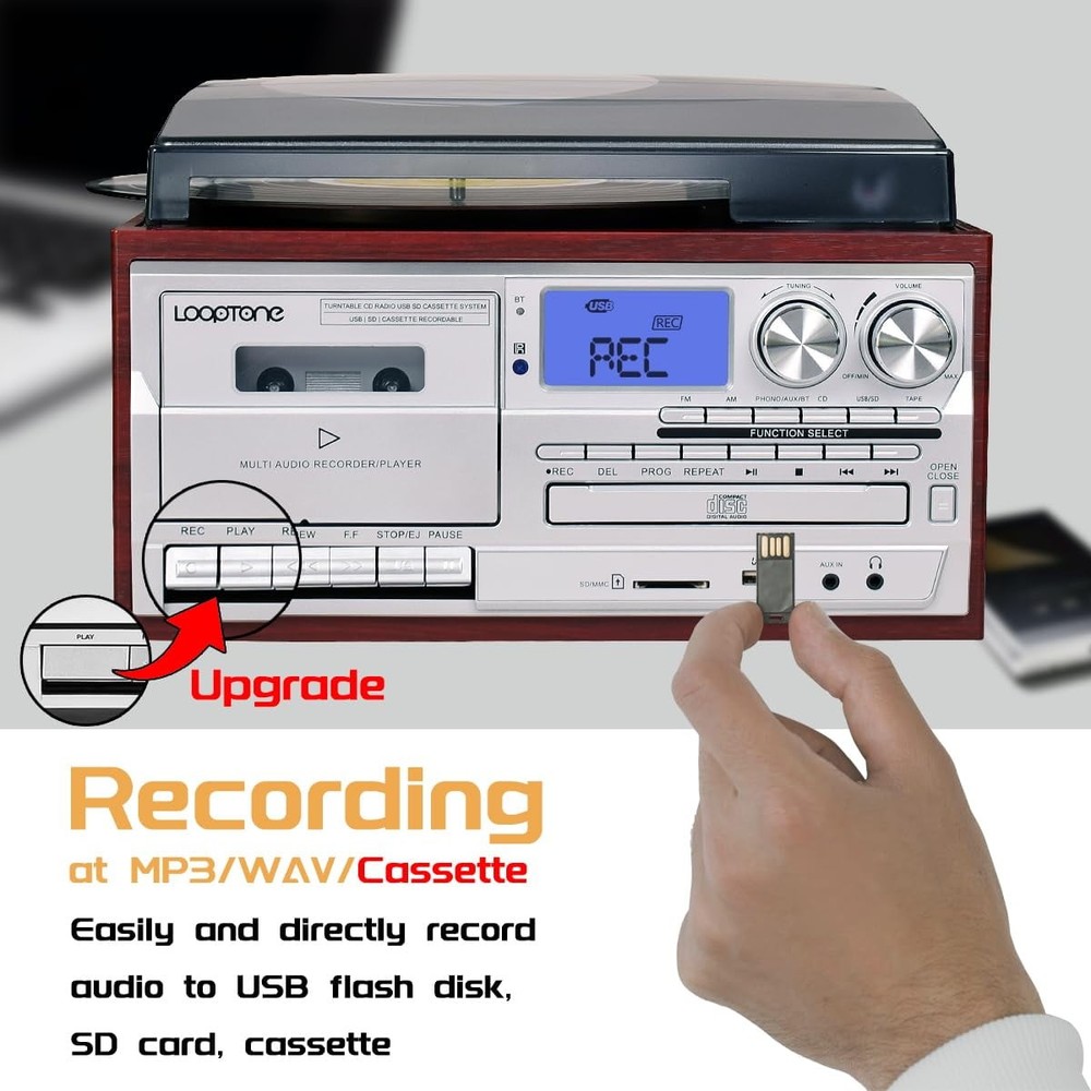 LoopTone 18CD-R Vinyl Record Player 9-in-1 Multi-Function Turntable, 3-Speed,