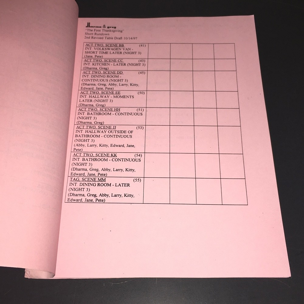 DHARMA & GREG (10/14/97) "First Thanksgiving" 2nd Rev Pink Table Draft + COA!
