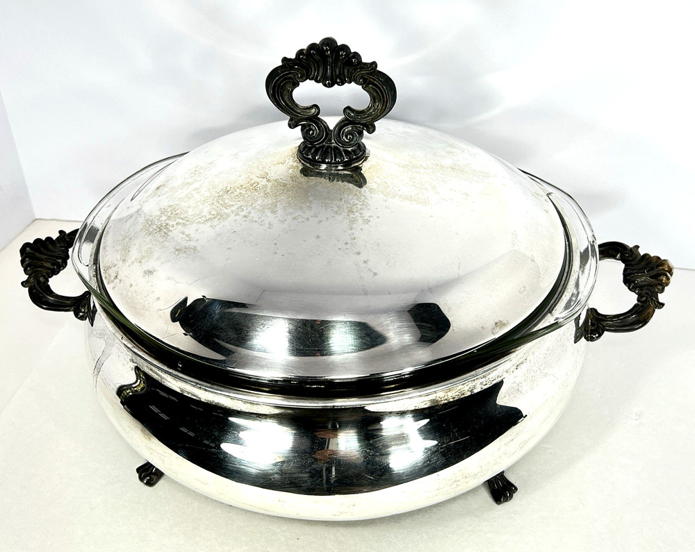 VTG Rogers Silverplate Footed Lidded Casserole Dish & 3.5QT Pyrex Glass Insert